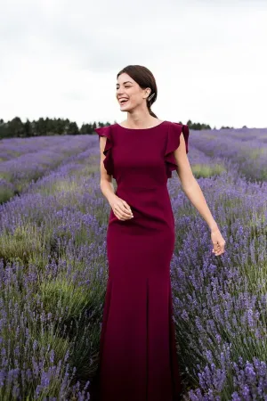 Bateau Slim Long Prom Gowns with Flounced Sleeves