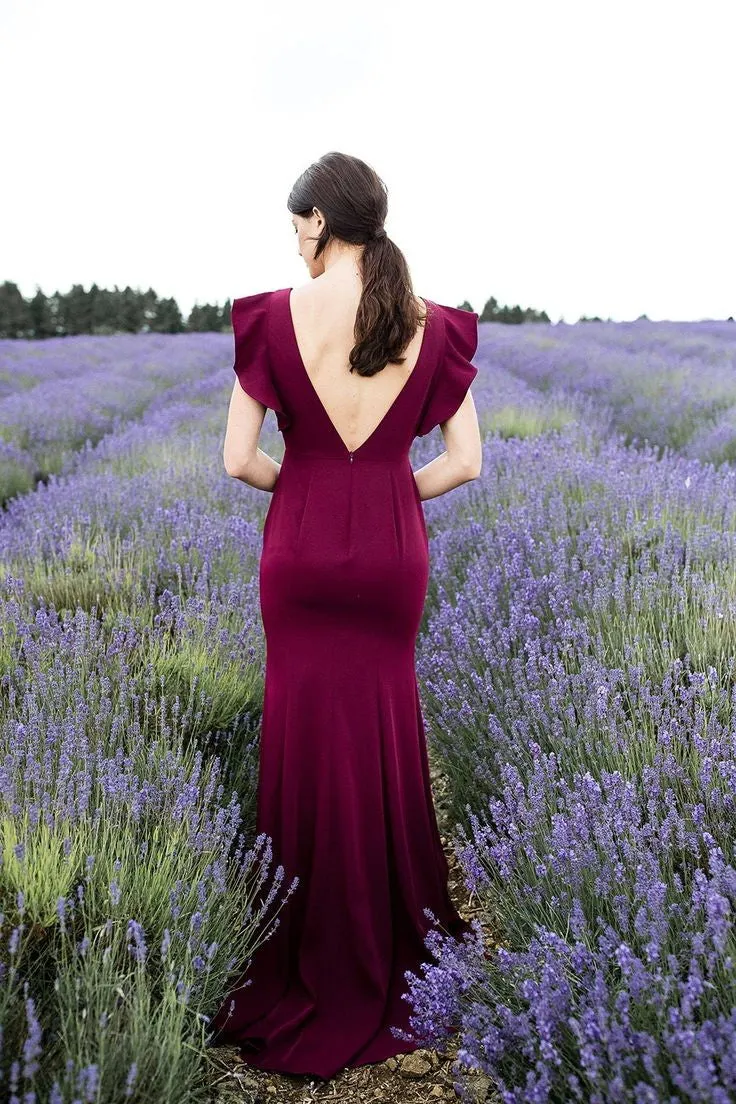 Bateau Slim Long Prom Gowns with Flounced Sleeves