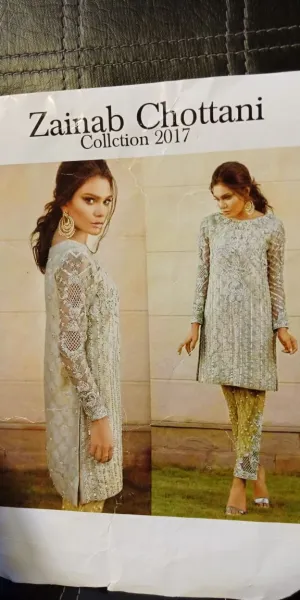Beautiful chiffon dress in gray silver and mehndi  color with hand work  by zainab chotani Model  # C 1123
