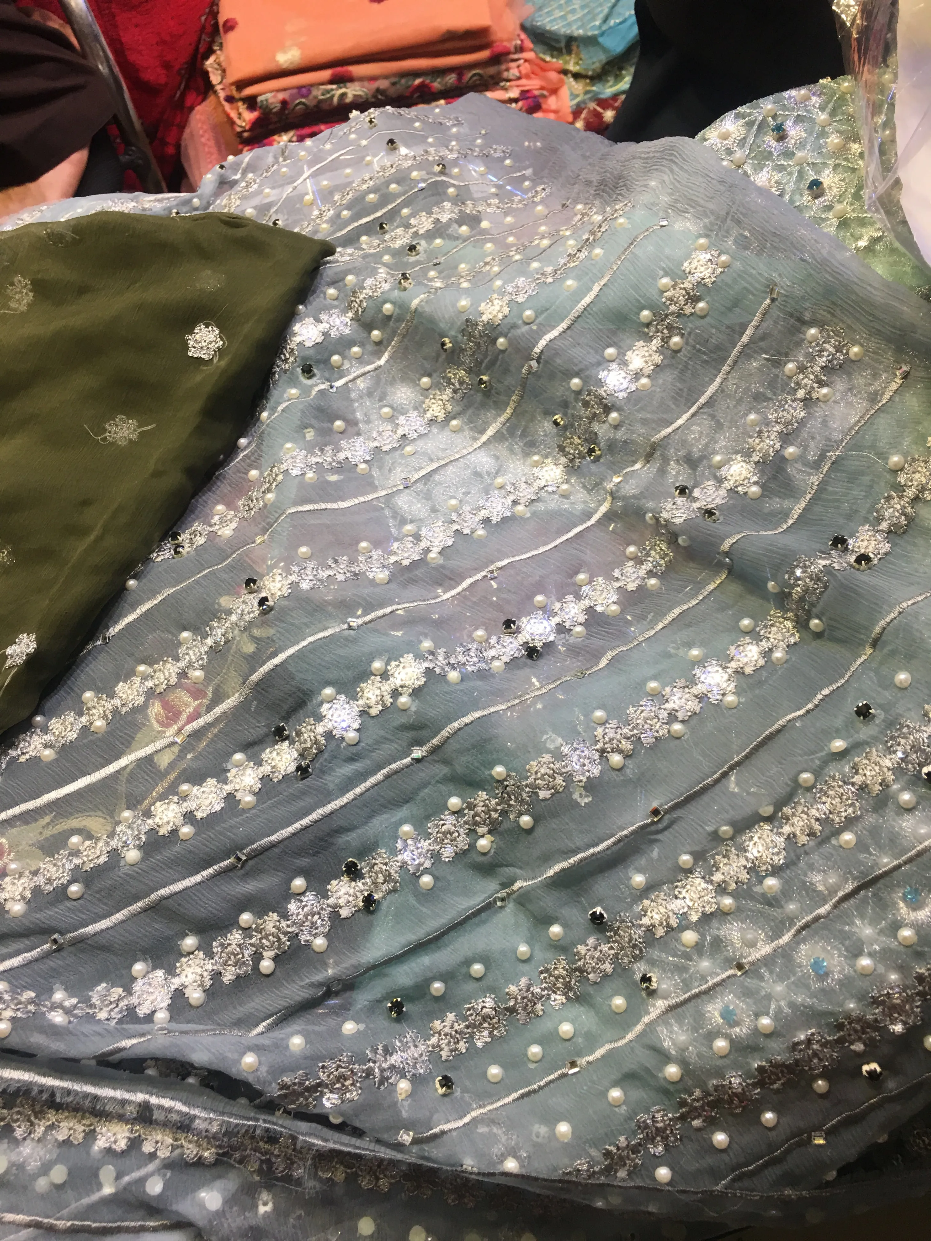 Beautiful chiffon dress in gray silver and mehndi  color with hand work  by zainab chotani Model  # C 1123