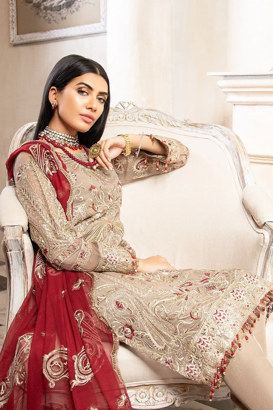 Beautiful Embroidered Chiffon Party Wear In Skin And Maroon # CA121