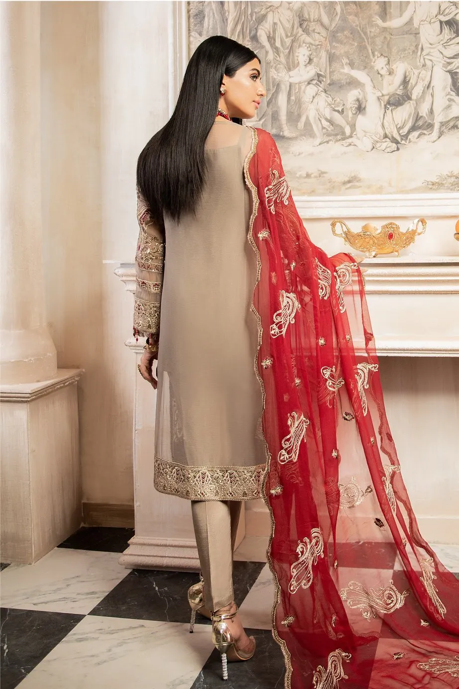 Beautiful Embroidered Chiffon Party Wear In Skin And Maroon # CA121