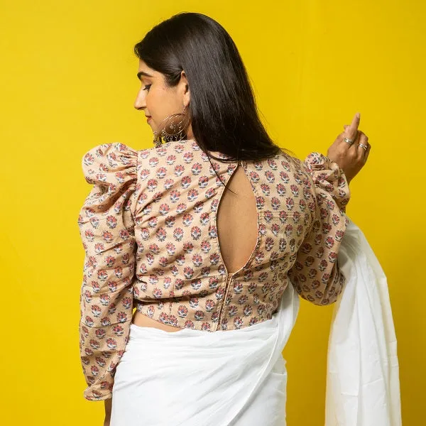 Beige Floral Block Printed Cotton Blouse