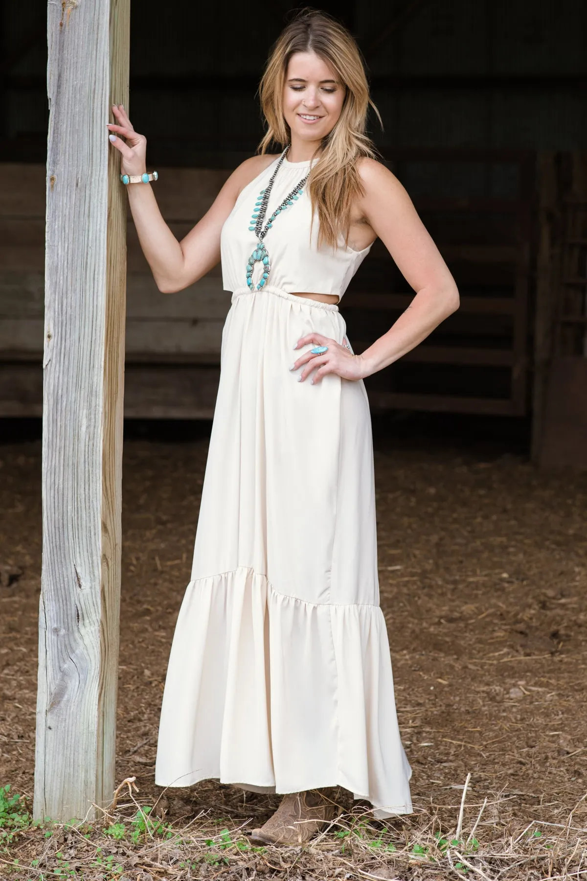 Beige Maxi Dress with Side Cutouts