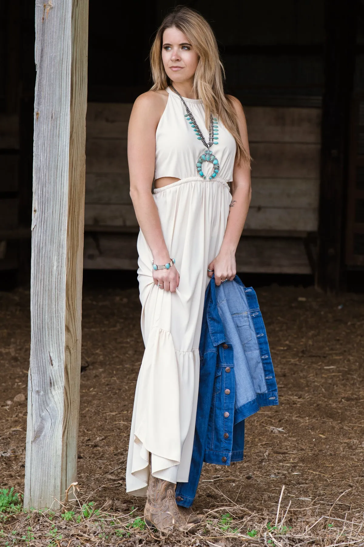 Beige Maxi Dress with Side Cutouts
