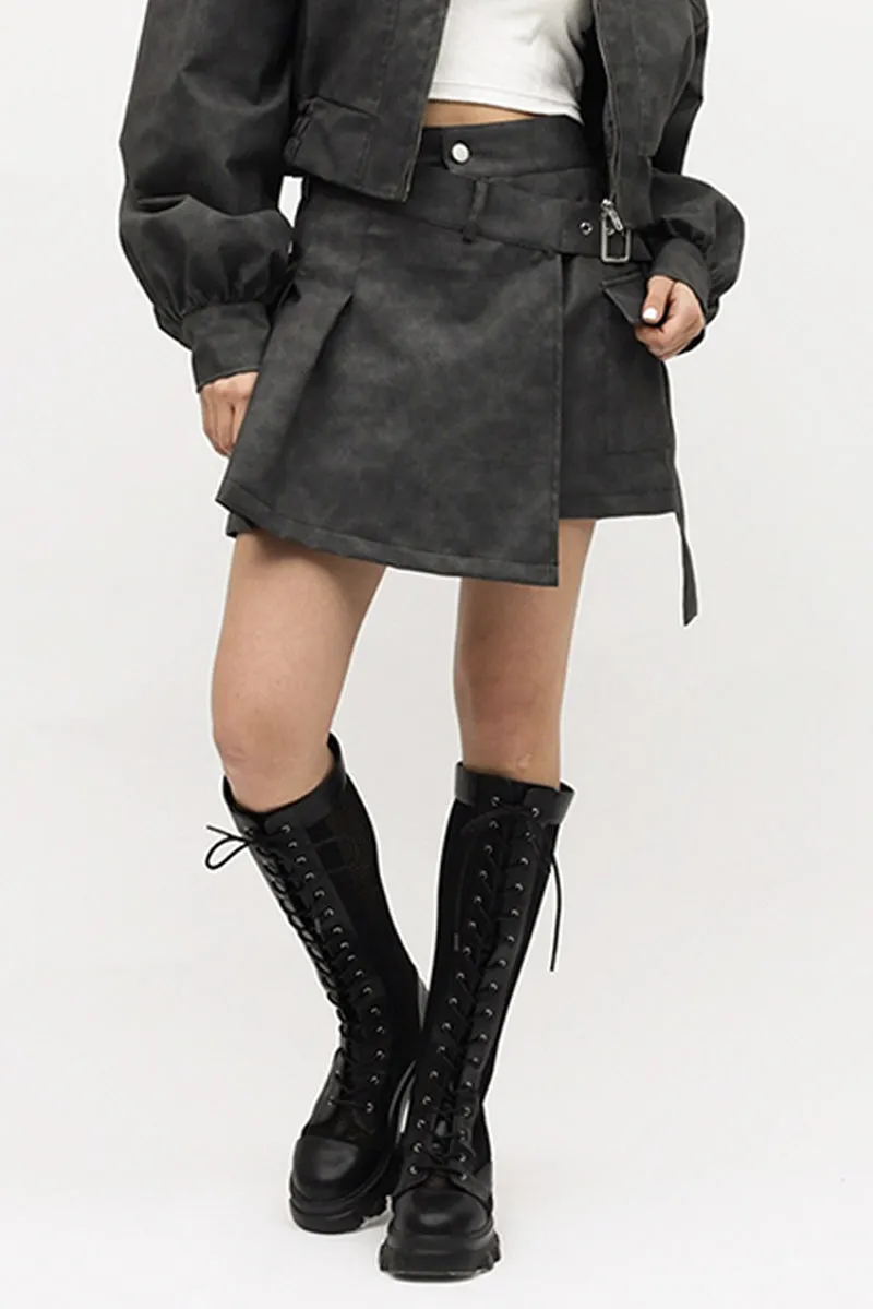 Belted Faux Leather Pleated Skirt