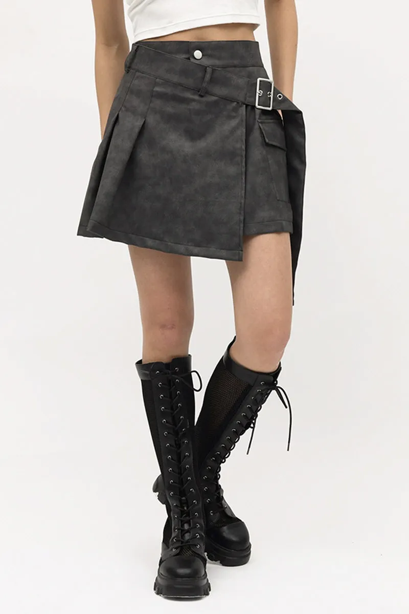 Belted Faux Leather Pleated Skirt