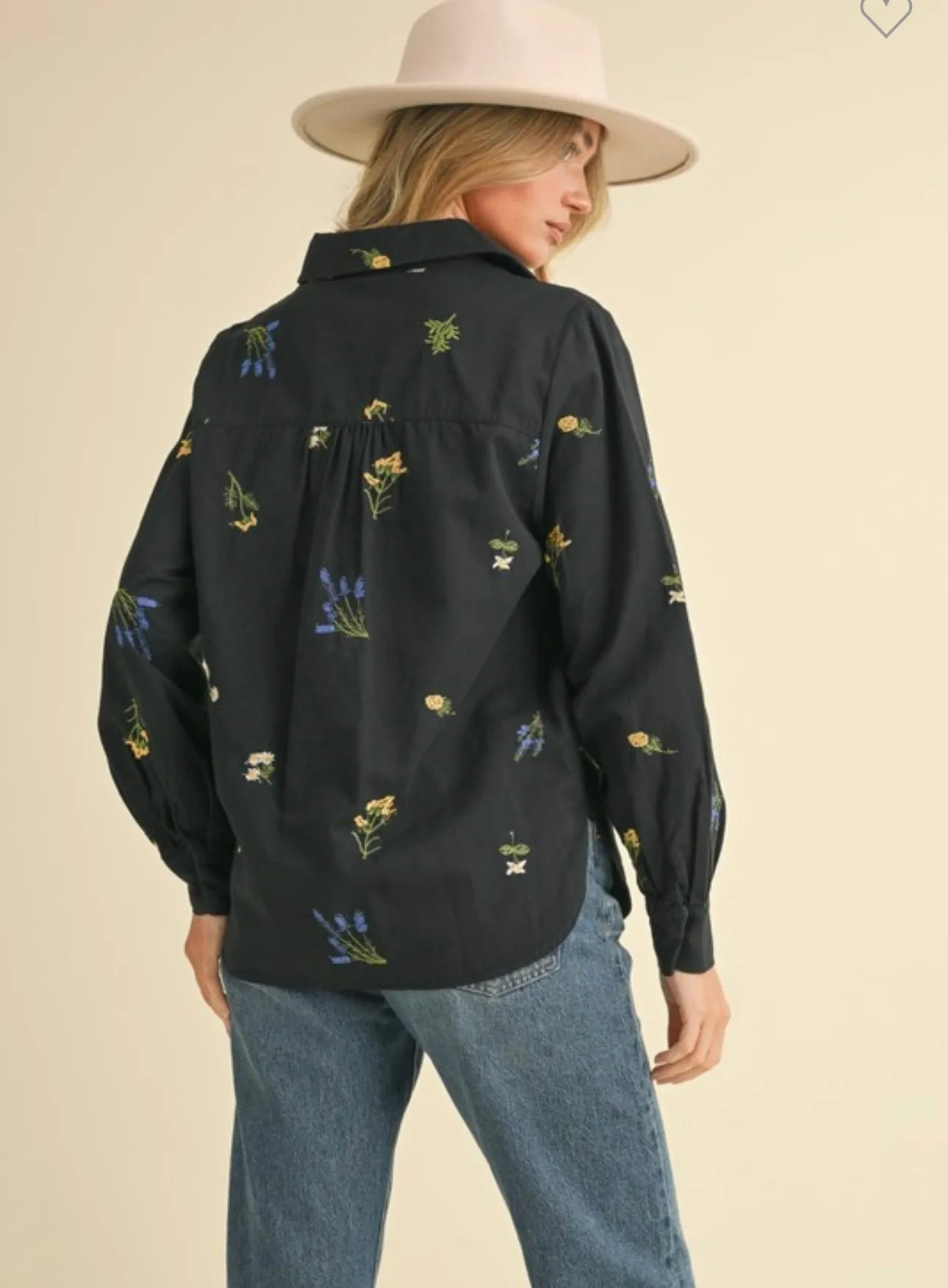 Black Floral Embroidered Button Down