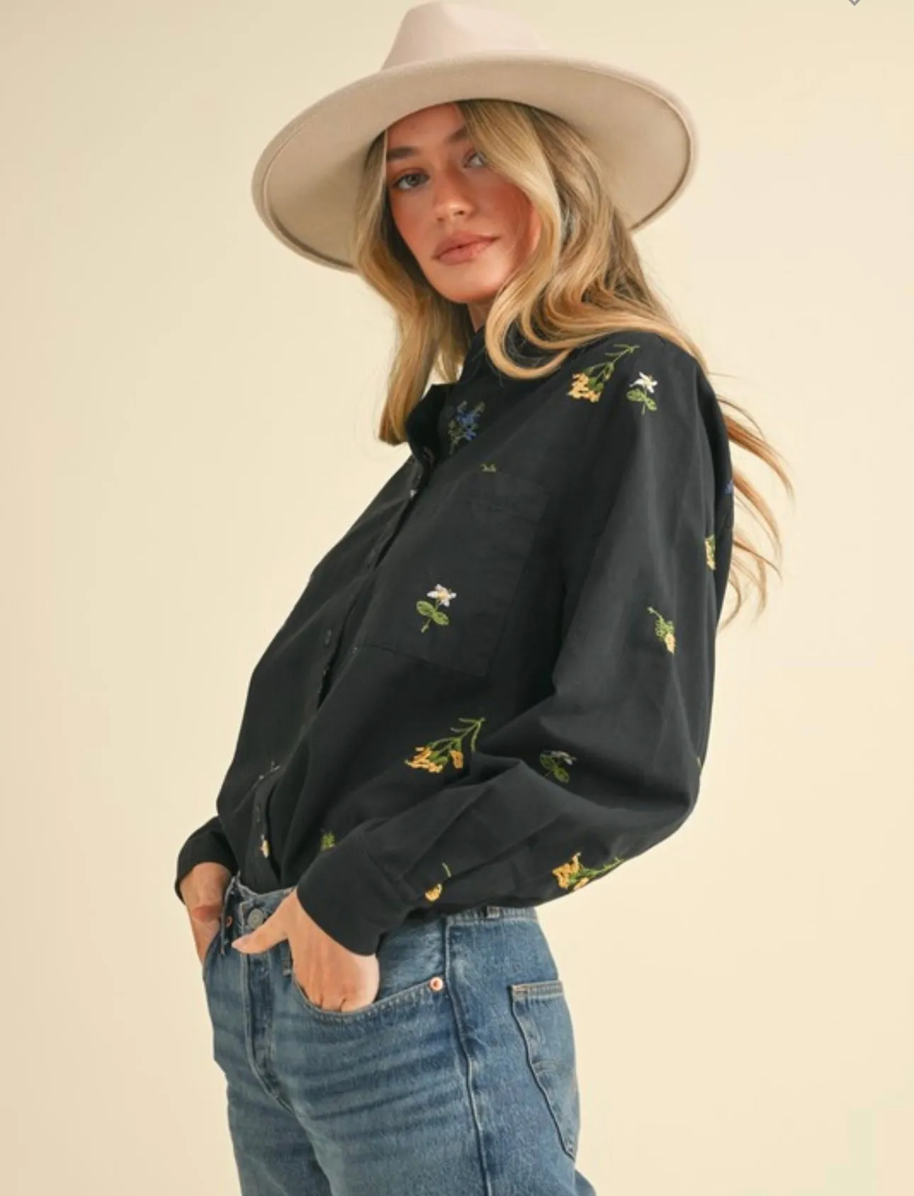 Black Floral Embroidered Button Down