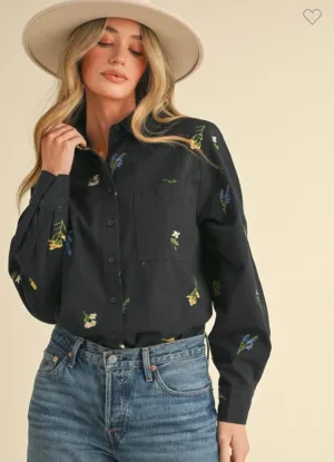 Black Floral Embroidered Button Down