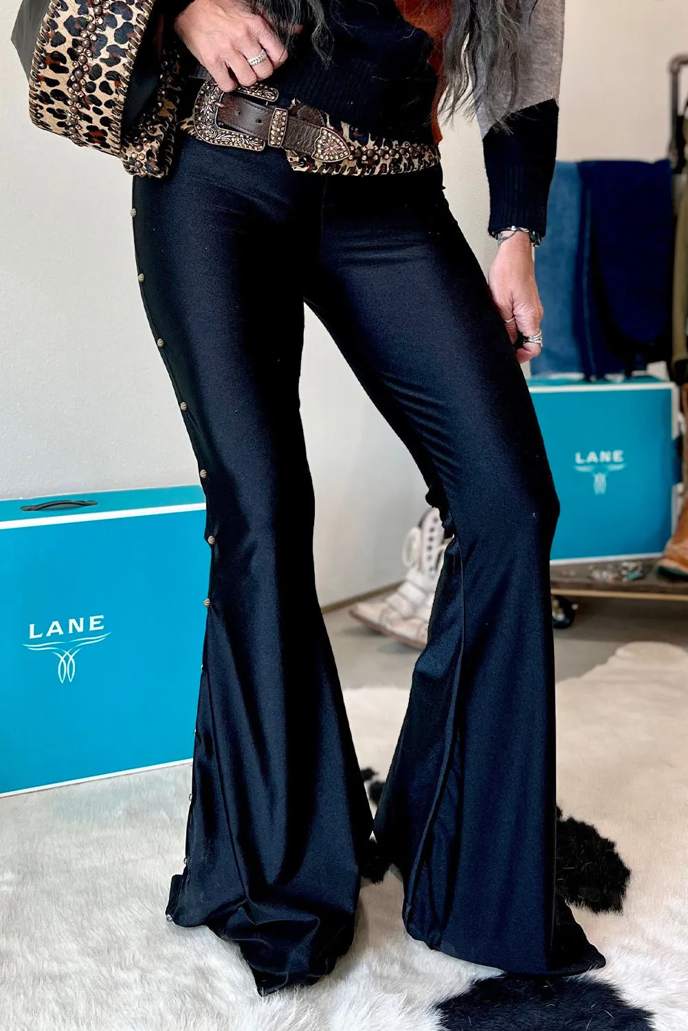 Black High Waist Beaded Side Flared Pants