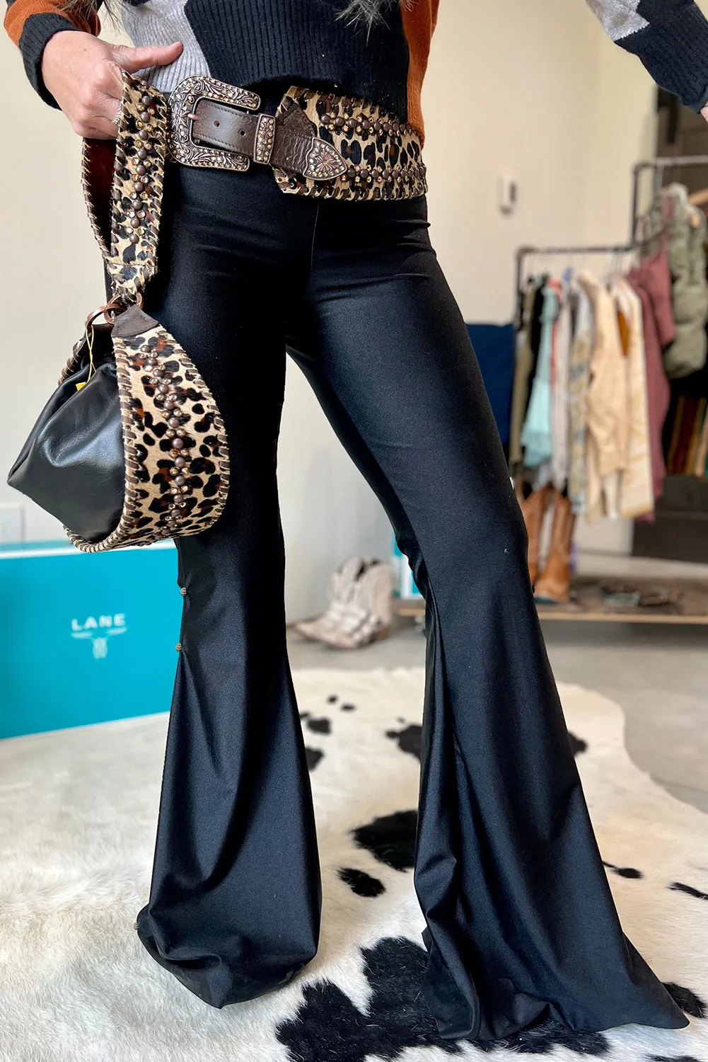 Black High Waist Beaded Side Flared Pants