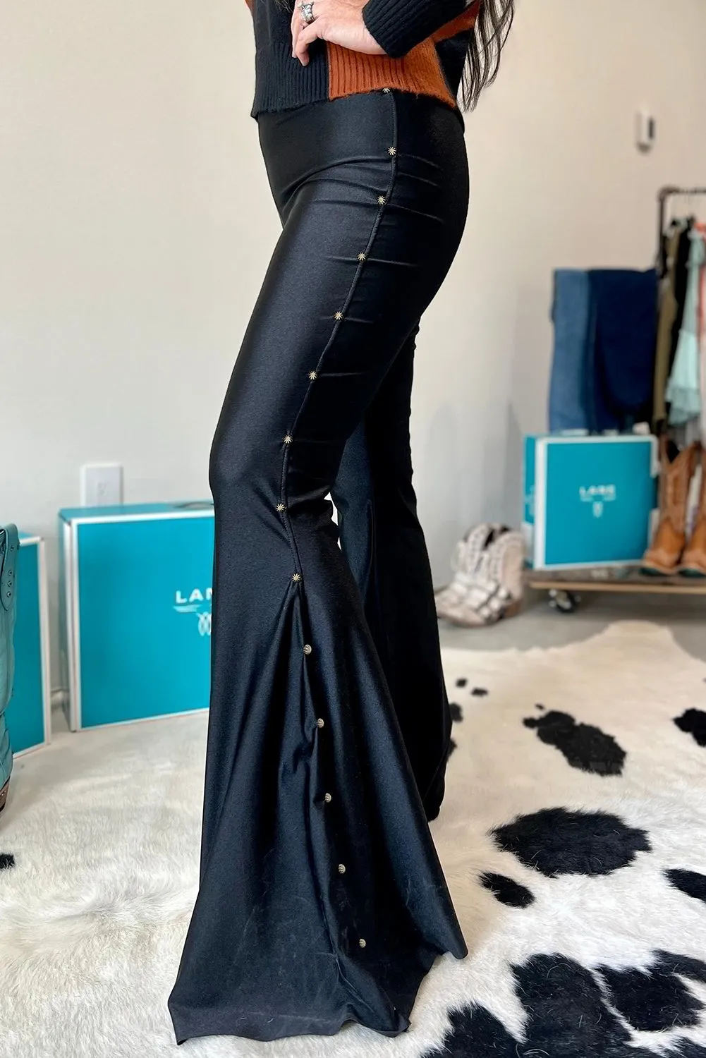 Black High Waist Beaded Side Flared Pants