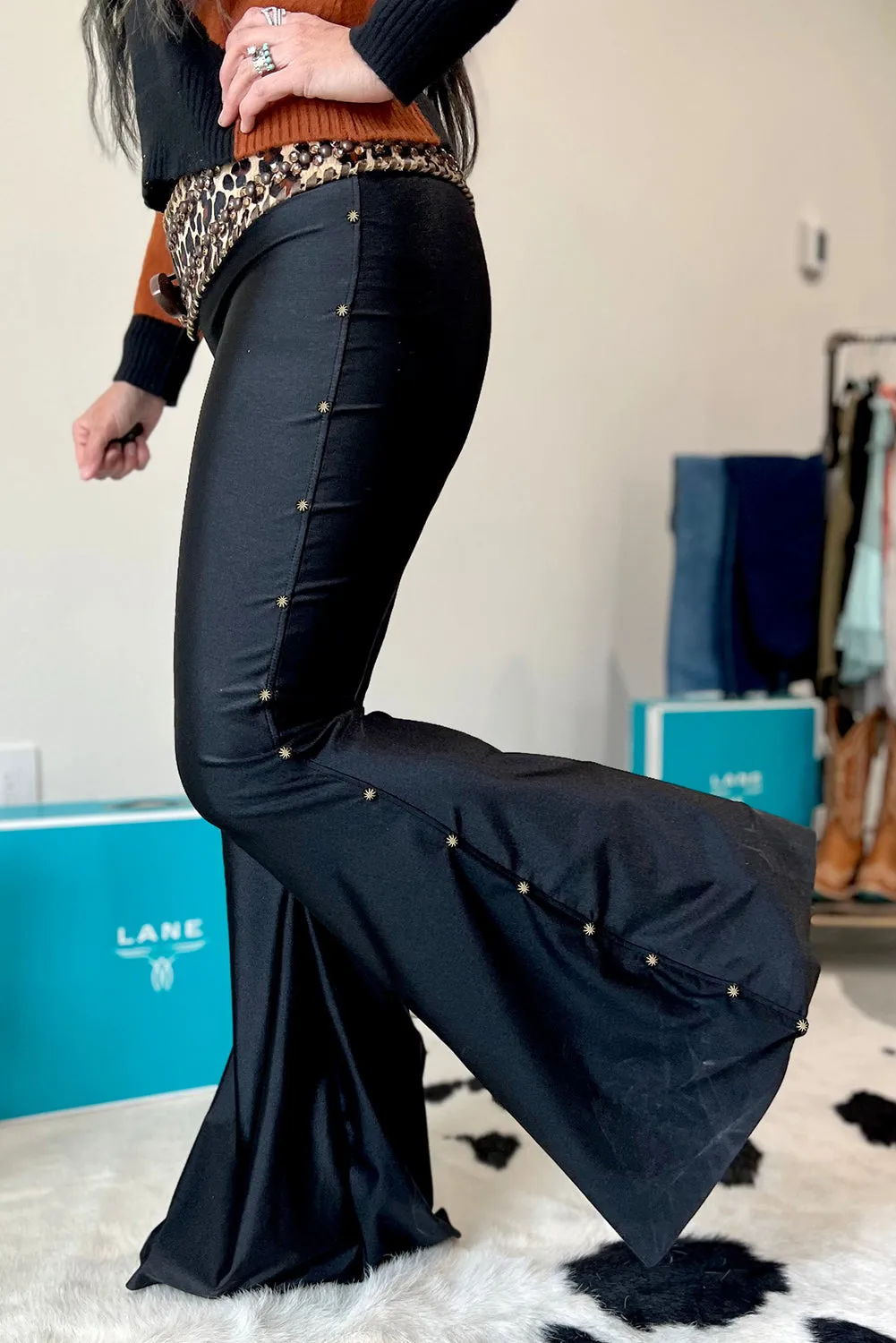 Black High Waist Beaded Side Flared Pants