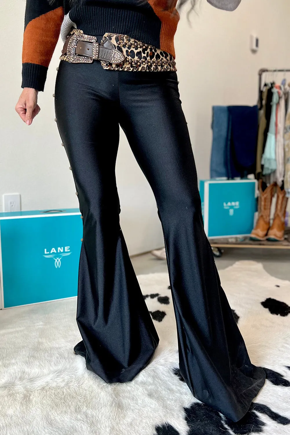 Black High Waist Beaded Side Flared Pants