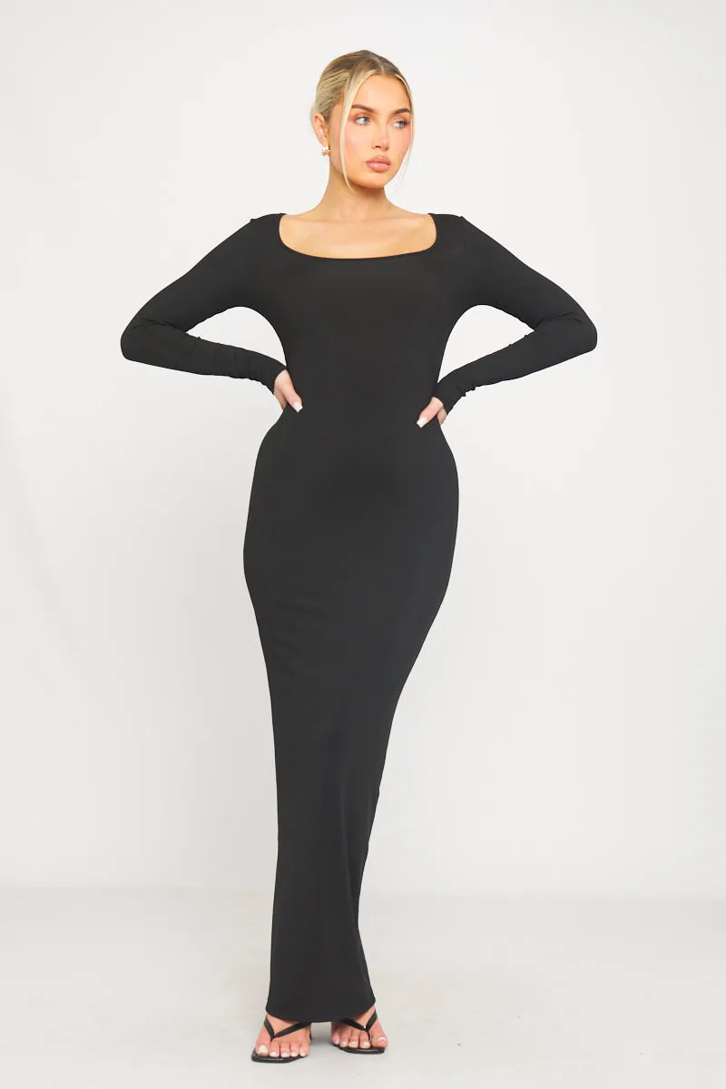 Black Ribbed Scoop Neck Long Sleeve Maxi Dress