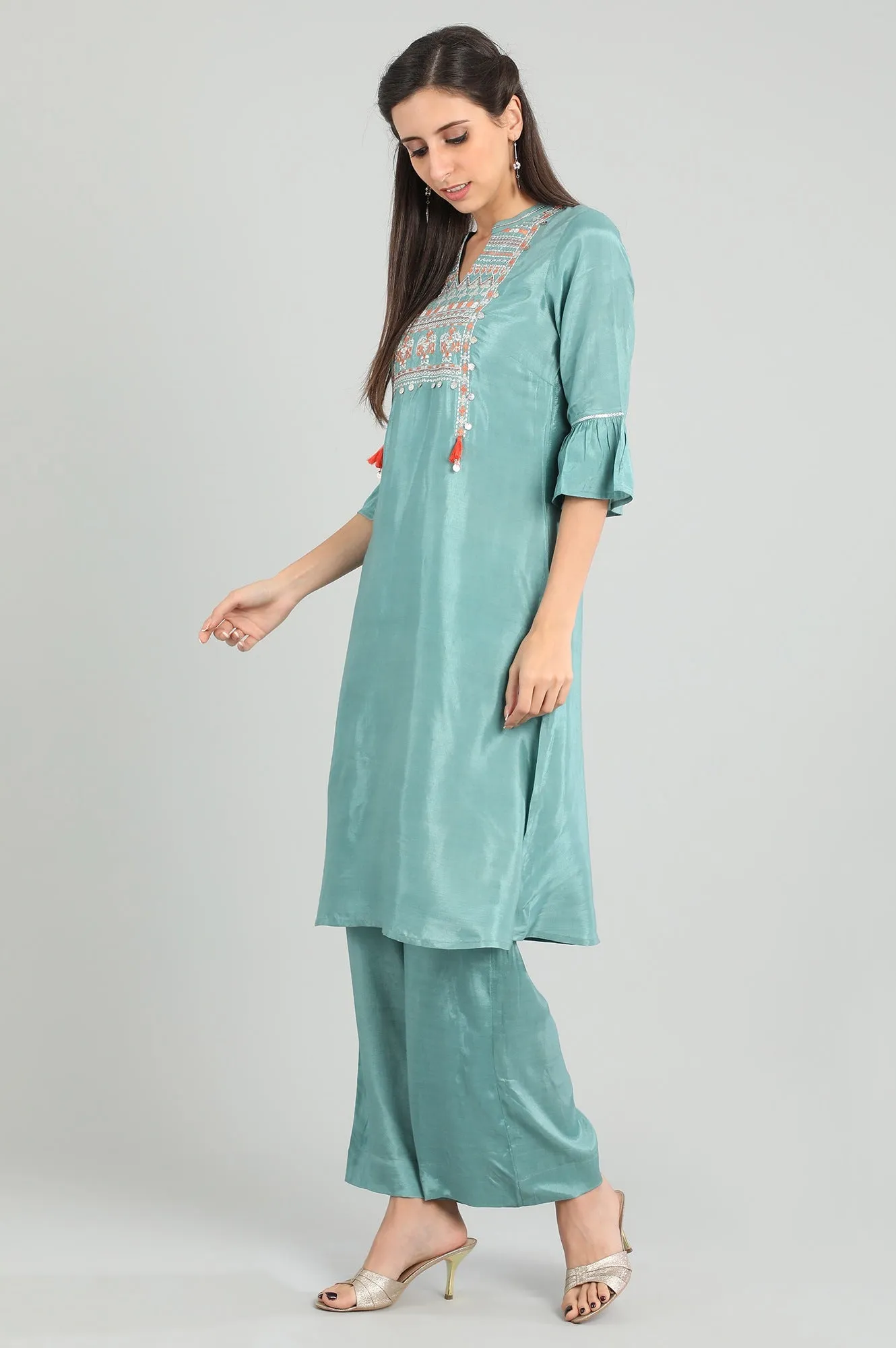 Blue Band Collar Tasselled kurta Set