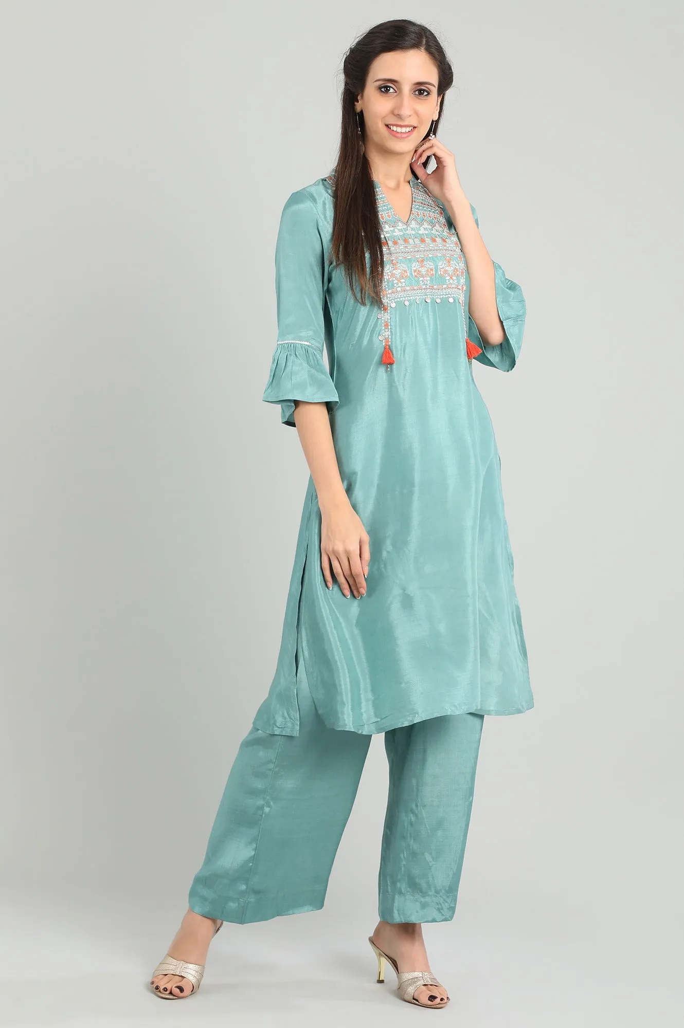 Blue Band Collar Tasselled kurta Set