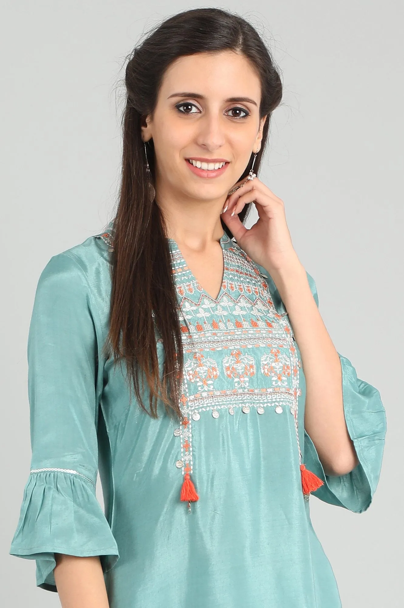 Blue Band Collar Tasselled kurta Set