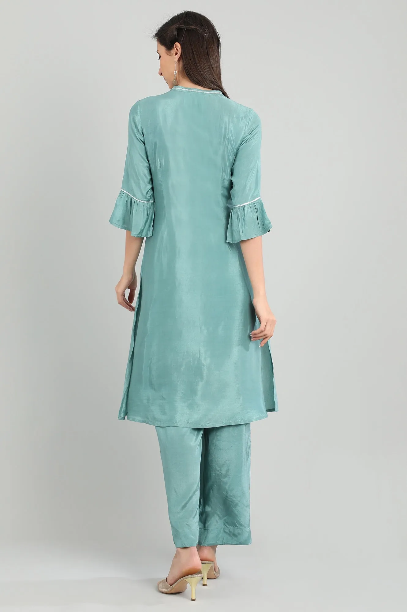 Blue Band Collar Tasselled kurta Set