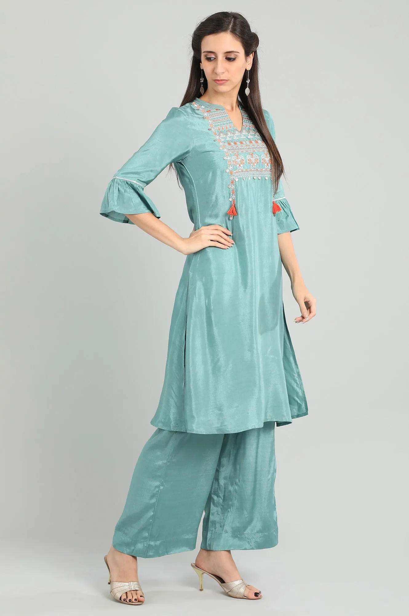Blue Band Collar Tasselled kurta Set