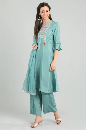 Blue Band Collar Tasselled kurta Set