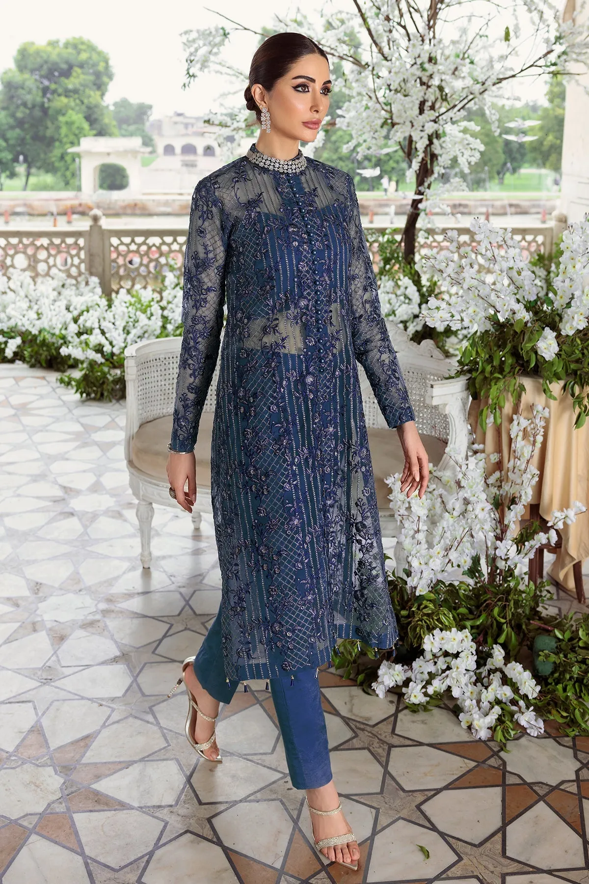 Blue Pakistani Embroidered Shirt and Capri with Dupatta Party Wear