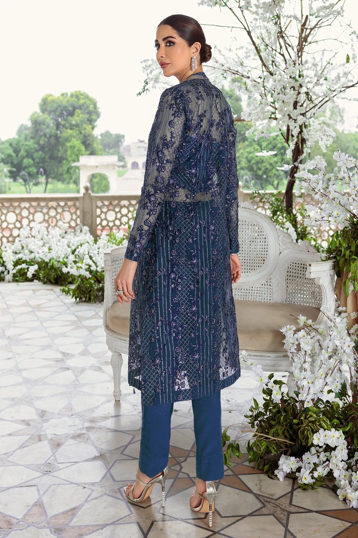 Blue Pakistani Embroidered Shirt and Capri with Dupatta Party Wear