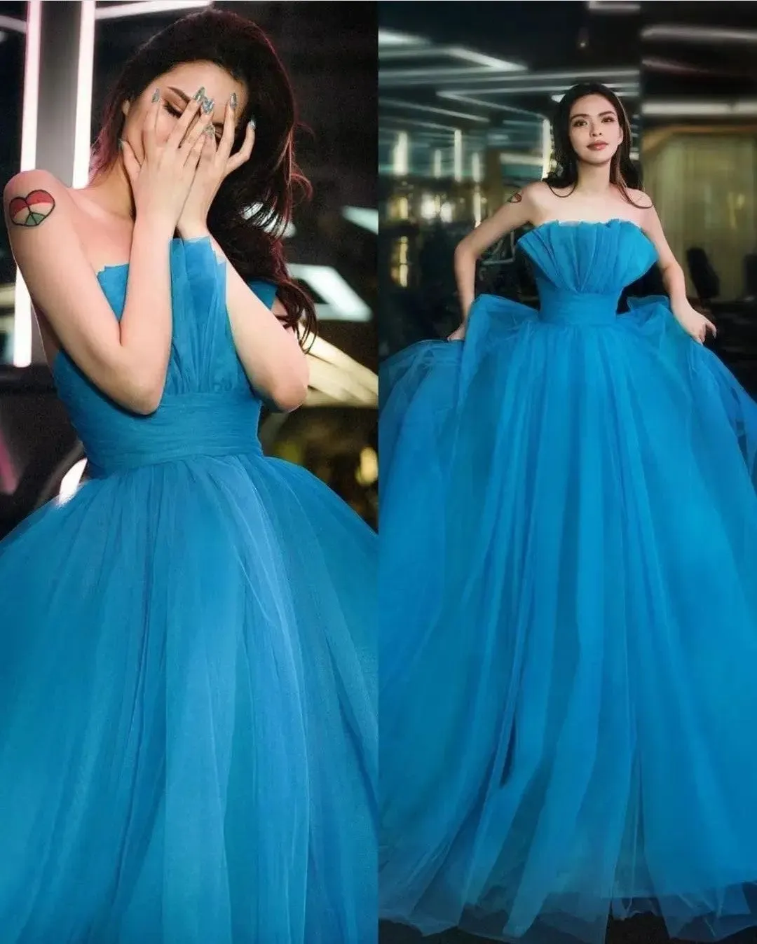 Blue Tulle Prom Ball Gown with Ruffled Neckline