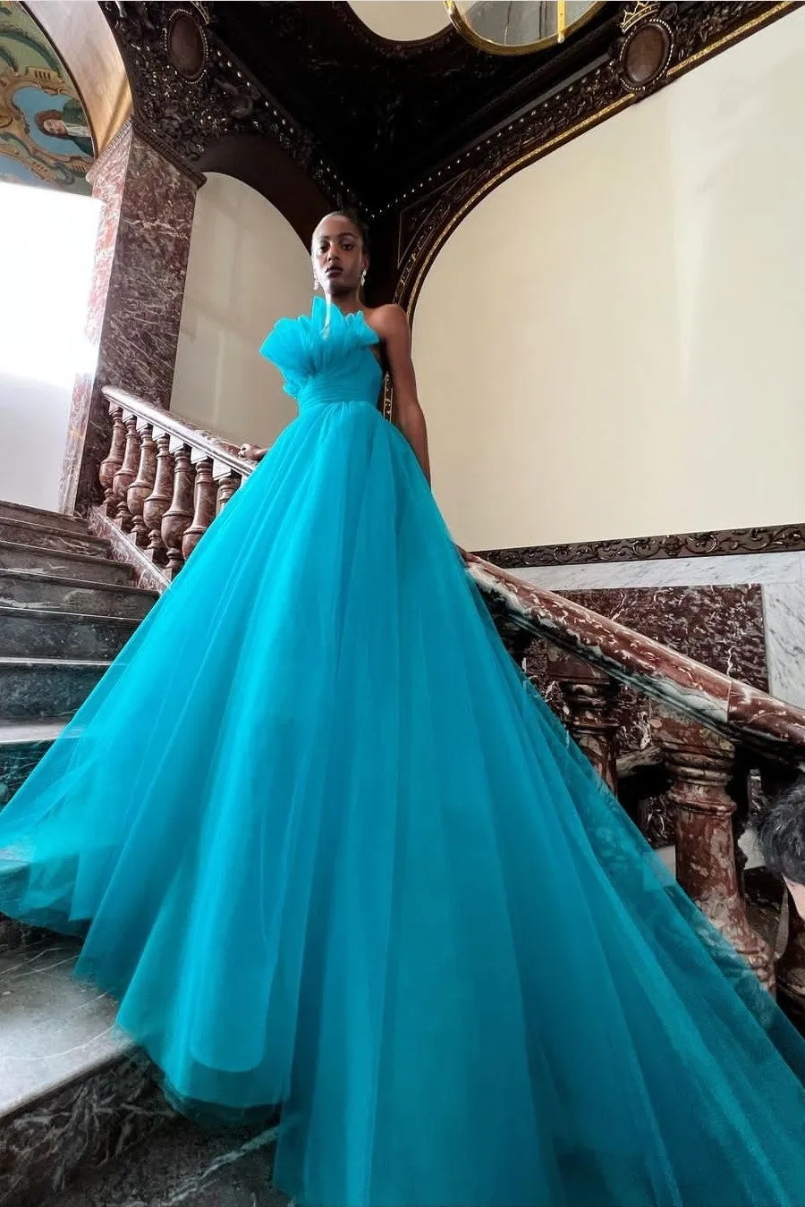 Blue Tulle Prom Ball Gown with Ruffled Neckline
