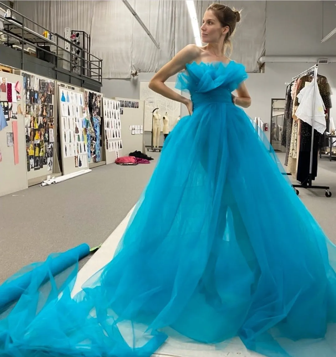 Blue Tulle Prom Ball Gown with Ruffled Neckline