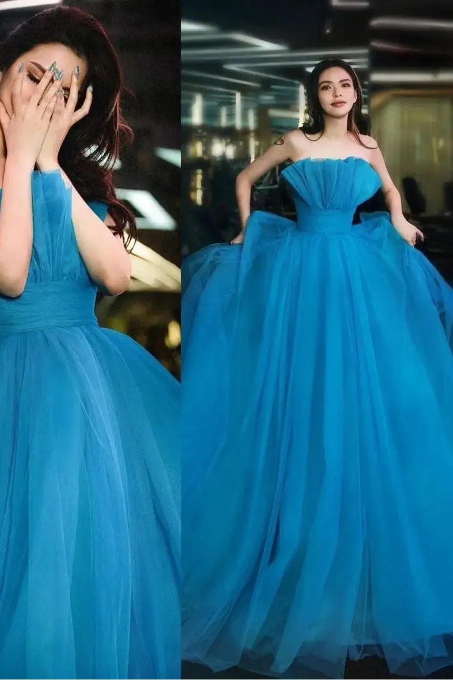 Blue Tulle Prom Ball Gown with Ruffled Neckline