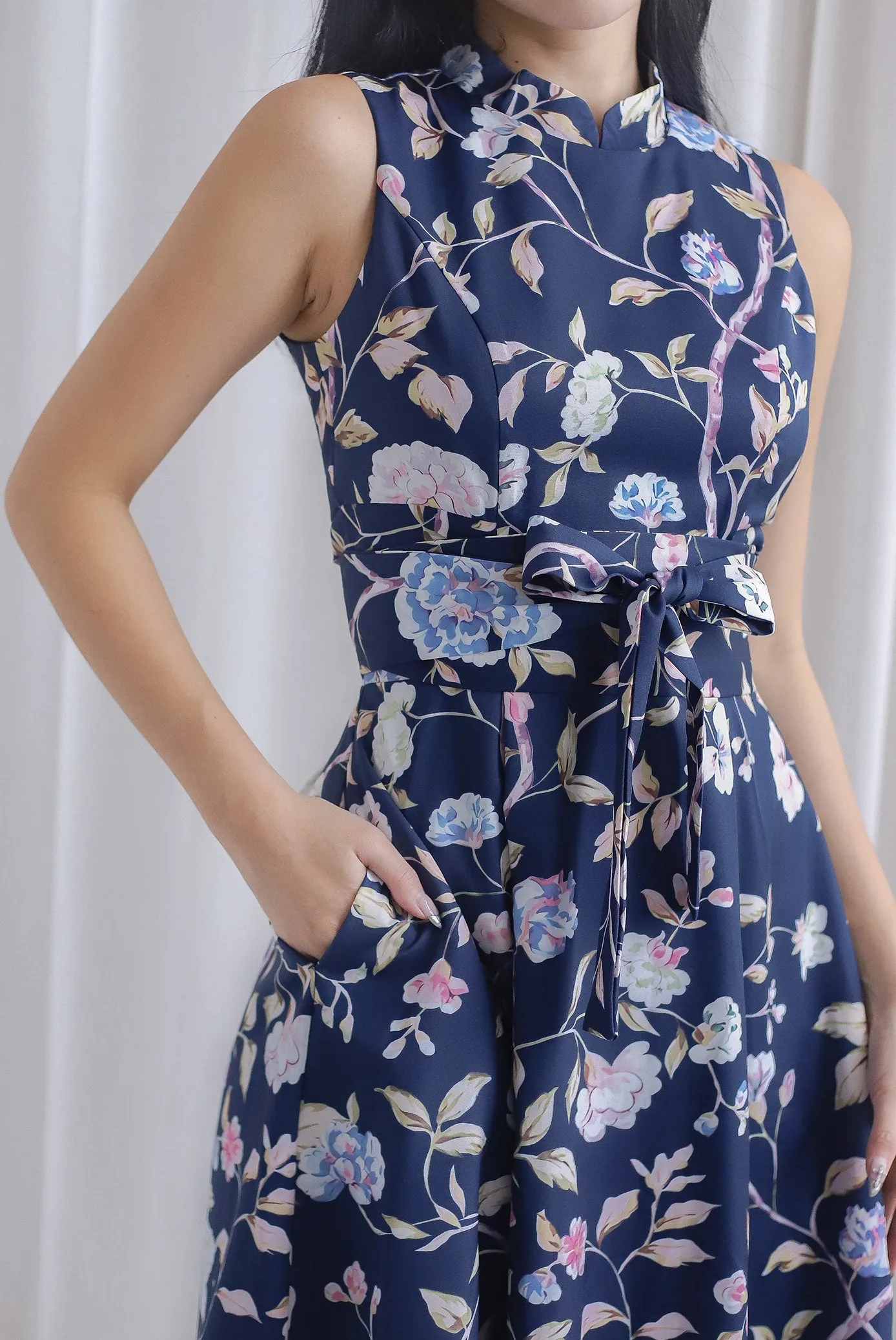 Bobbi Cut Out Waist Obi Sash Dress In Navy Blue