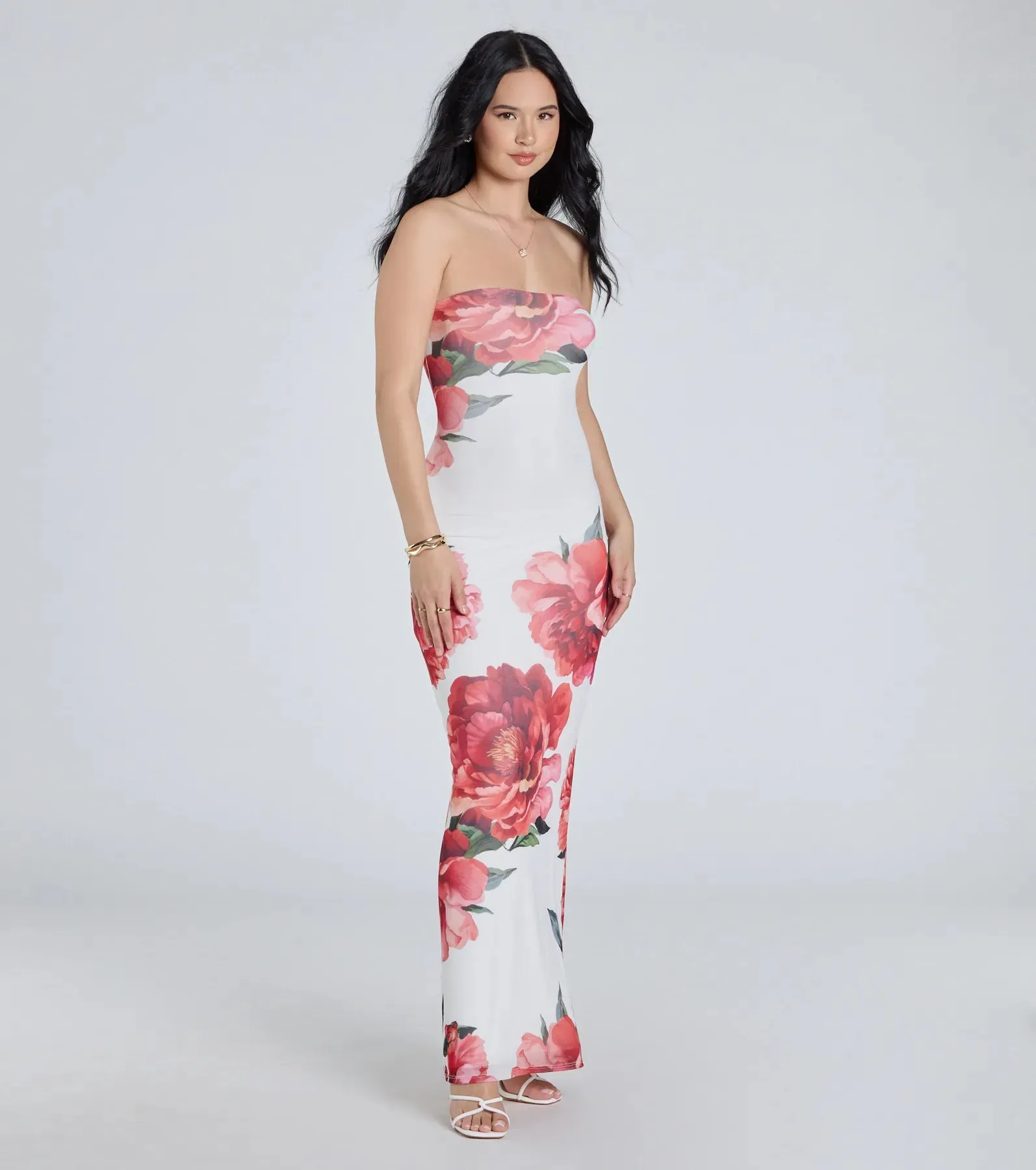 Bold Stunner Floral Mesh Strapless Maxi Dress