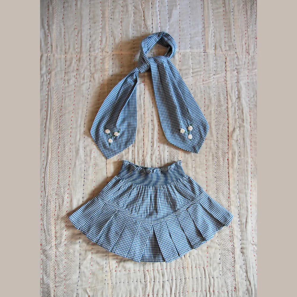 Bonjour Diary Pleated Skirt with Tie Scarf, Vichy blue