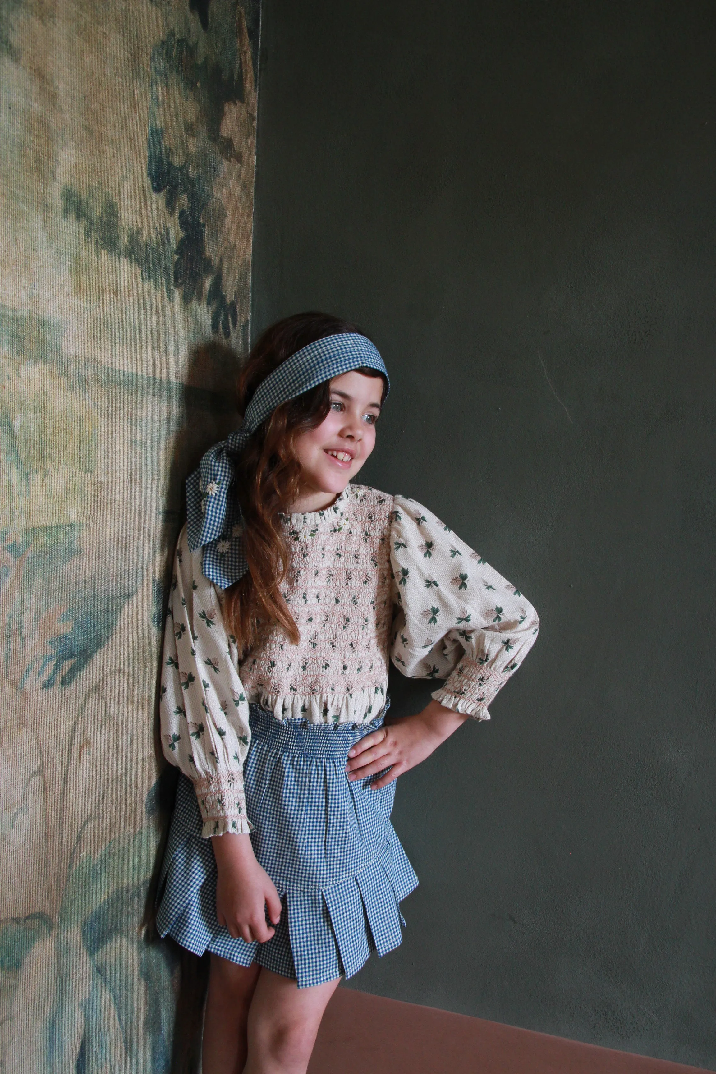 Bonjour Diary Pleated Skirt with Tie Scarf, Vichy blue