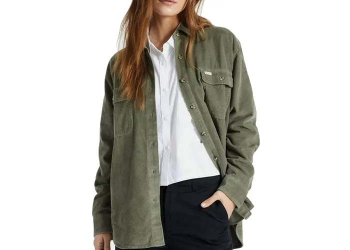 Brixton Bowery Boyfriend Long Sleeve Women's Shirt Corduroy Olive Surplus