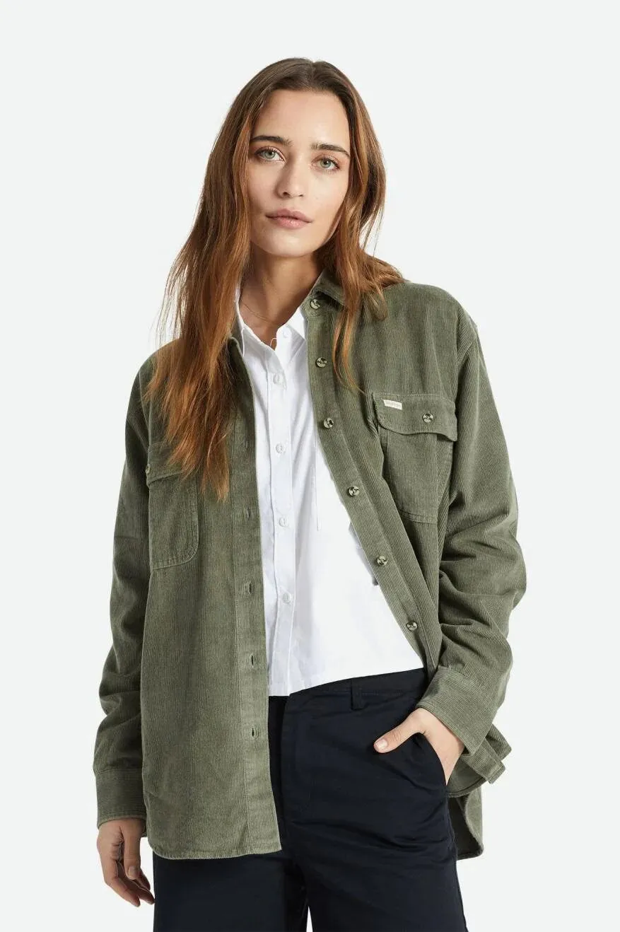 Brixton Bowery Boyfriend Long Sleeve Women's Shirt Corduroy Olive Surplus