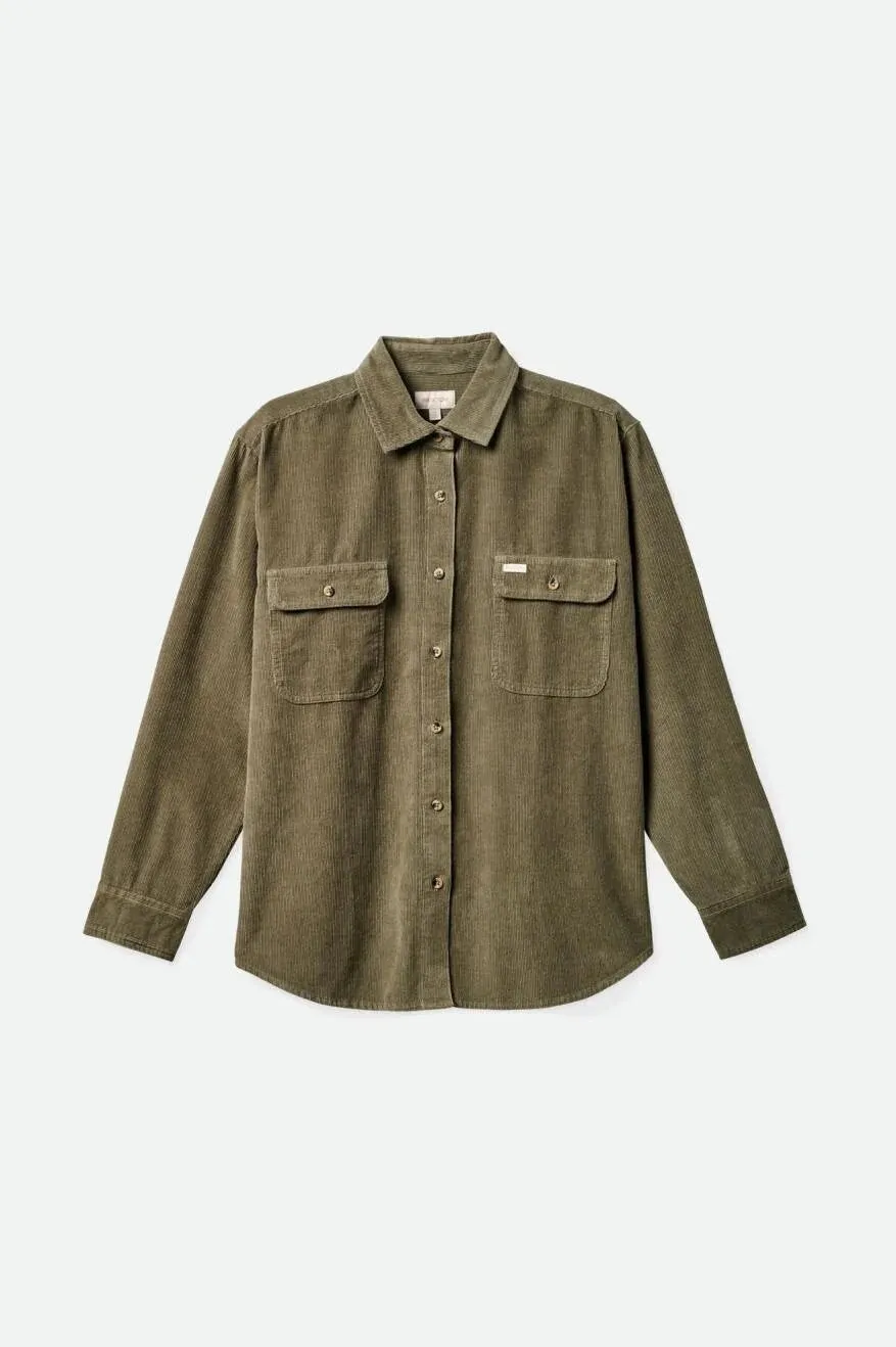 Brixton Bowery Boyfriend Long Sleeve Women's Shirt Corduroy Olive Surplus