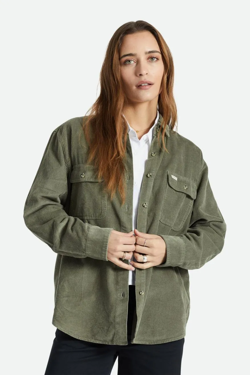 Brixton Bowery Boyfriend Long Sleeve Women's Shirt Corduroy Olive Surplus