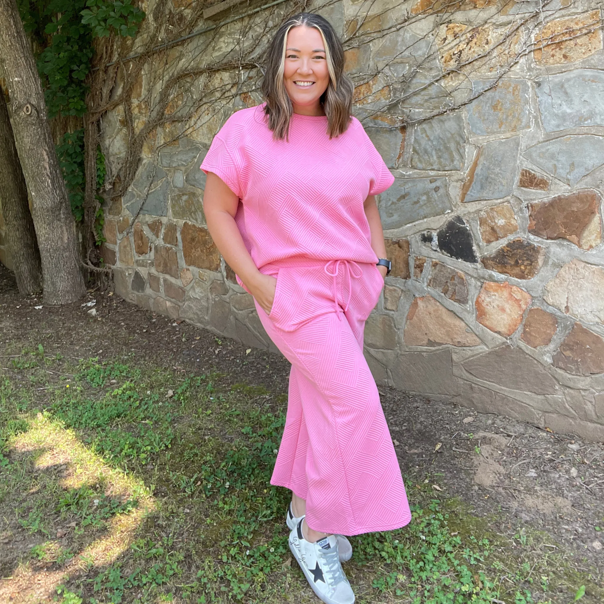 Bubble Gum Pink Textured Pants, Matching Set for Women