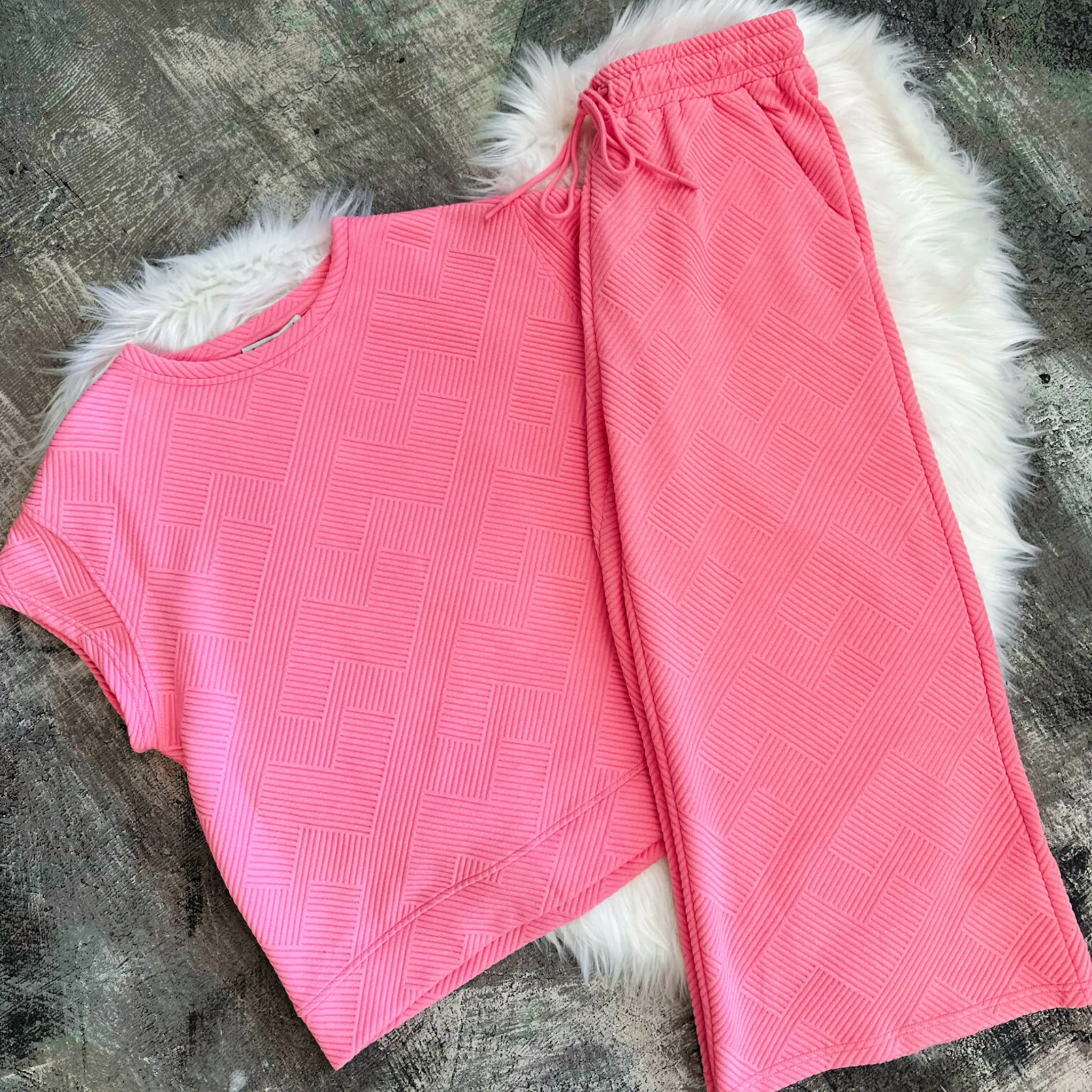 Bubble Gum Pink Textured Pants, Matching Set for Women