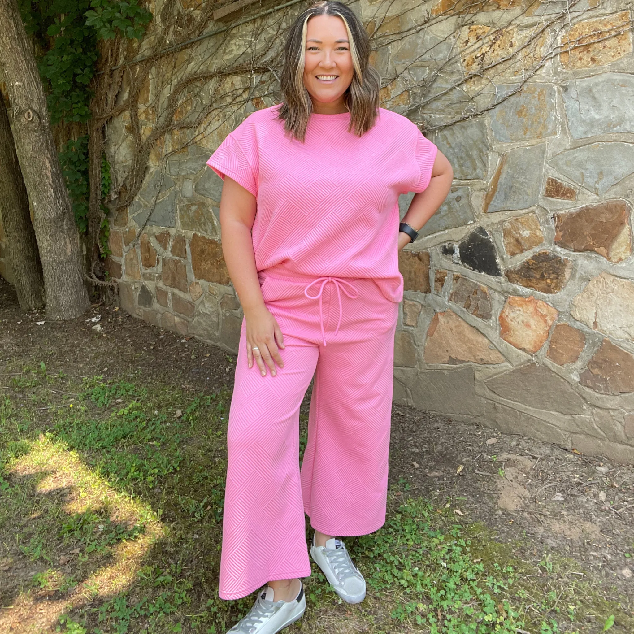 Bubble Gum Pink Textured Pants, Matching Set for Women