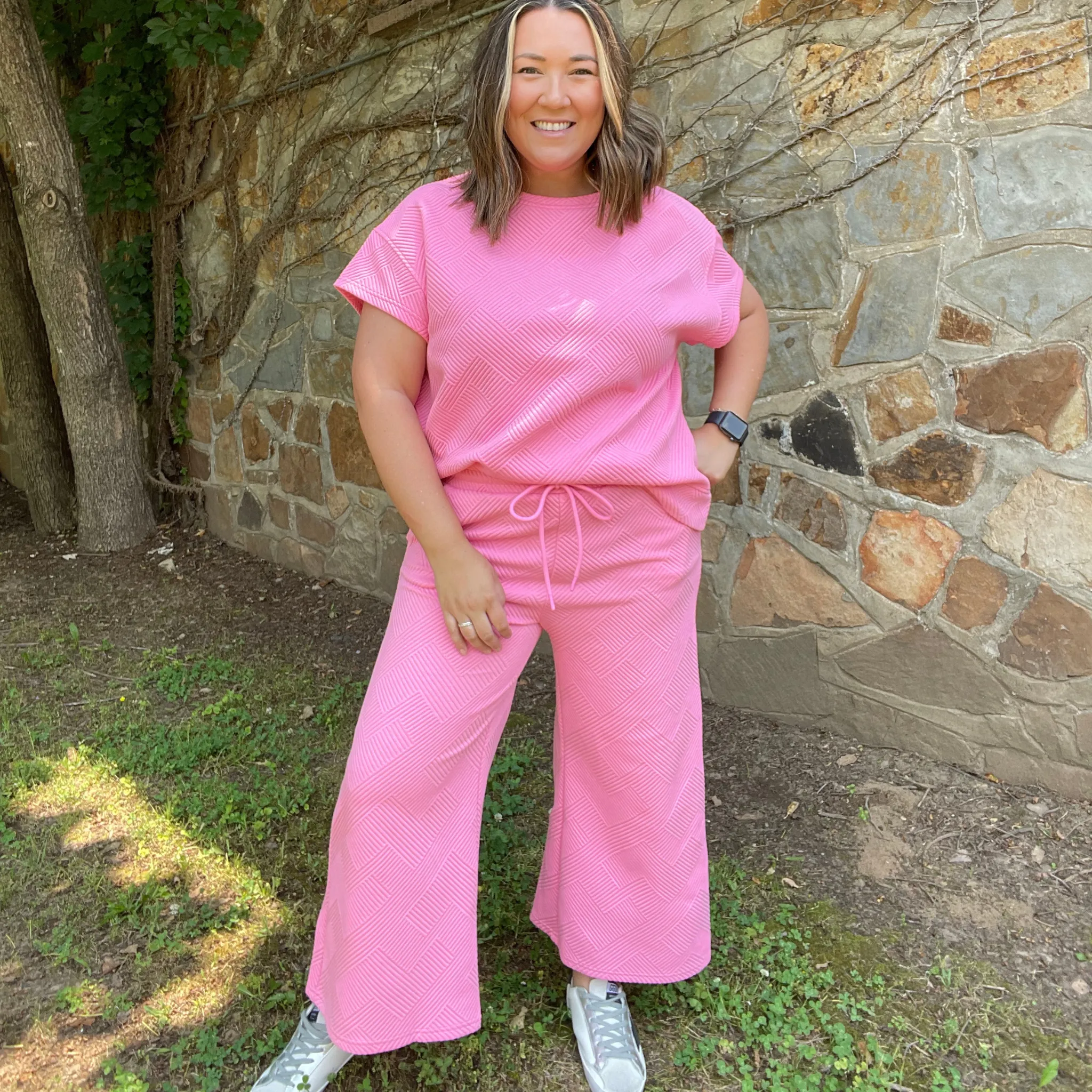 Bubble Gum Pink Textured Pants, Matching Set for Women