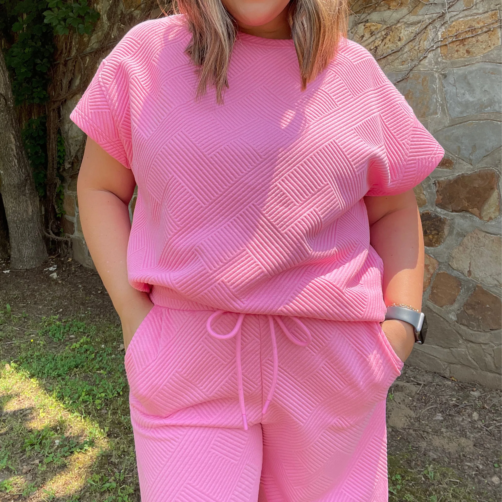 Bubble Gum Pink Textured Pants, Matching Set for Women