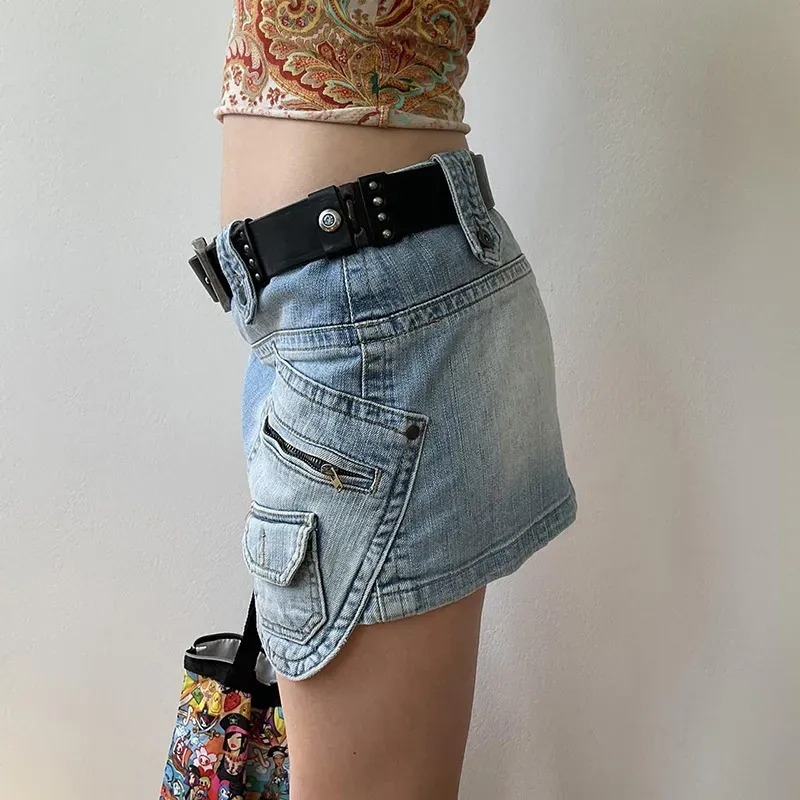 Buckle Up Asymmetrical Denim Mini Skirt