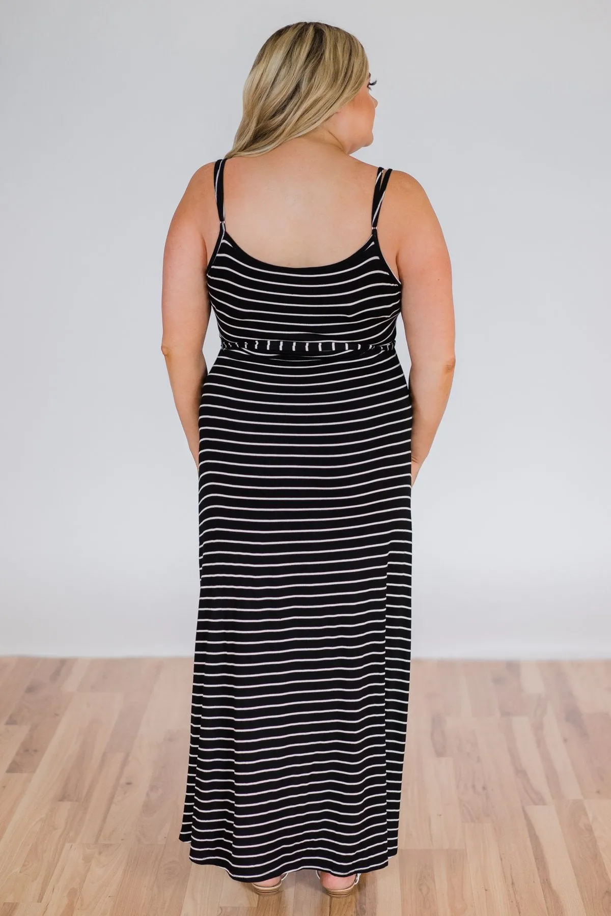 By My Side Striped Hi-Lo Dress- Black
