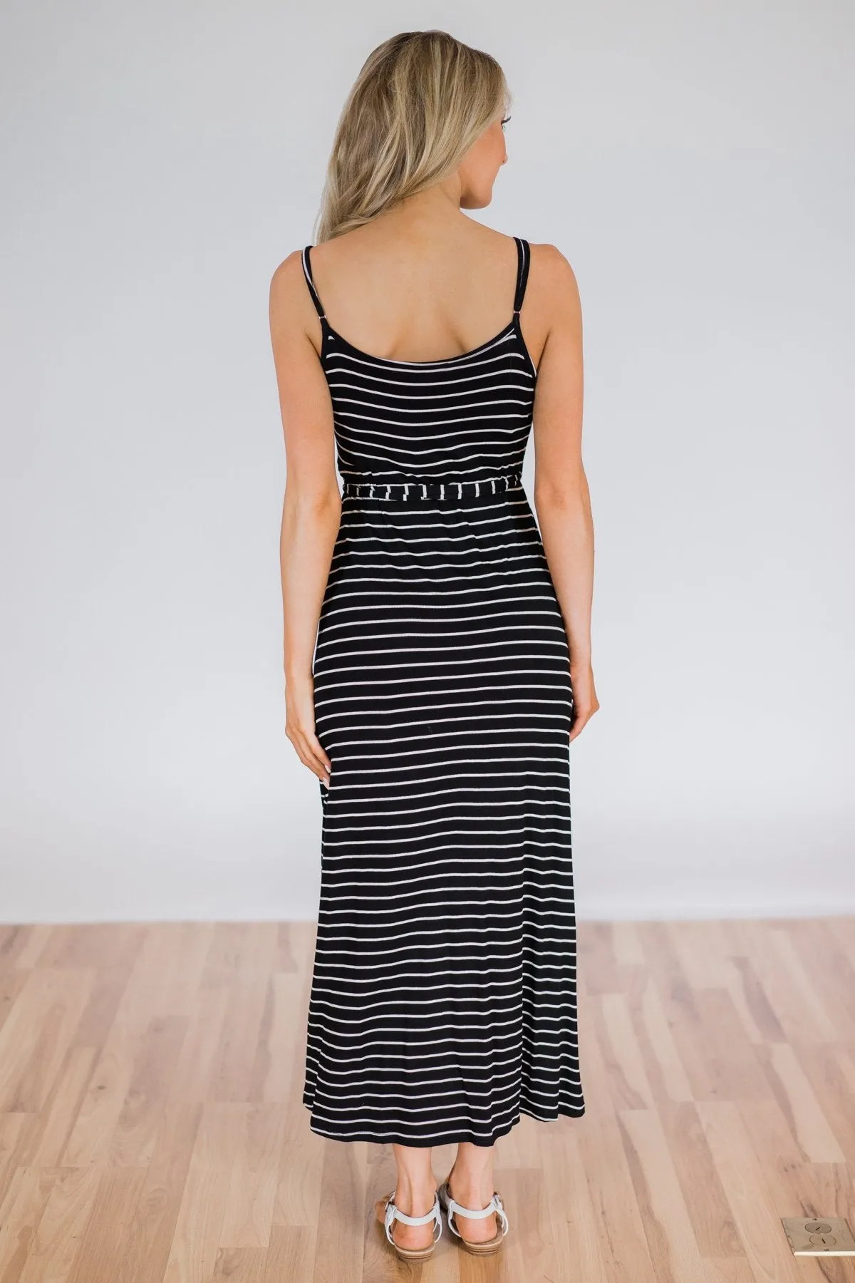 By My Side Striped Hi-Lo Dress- Black