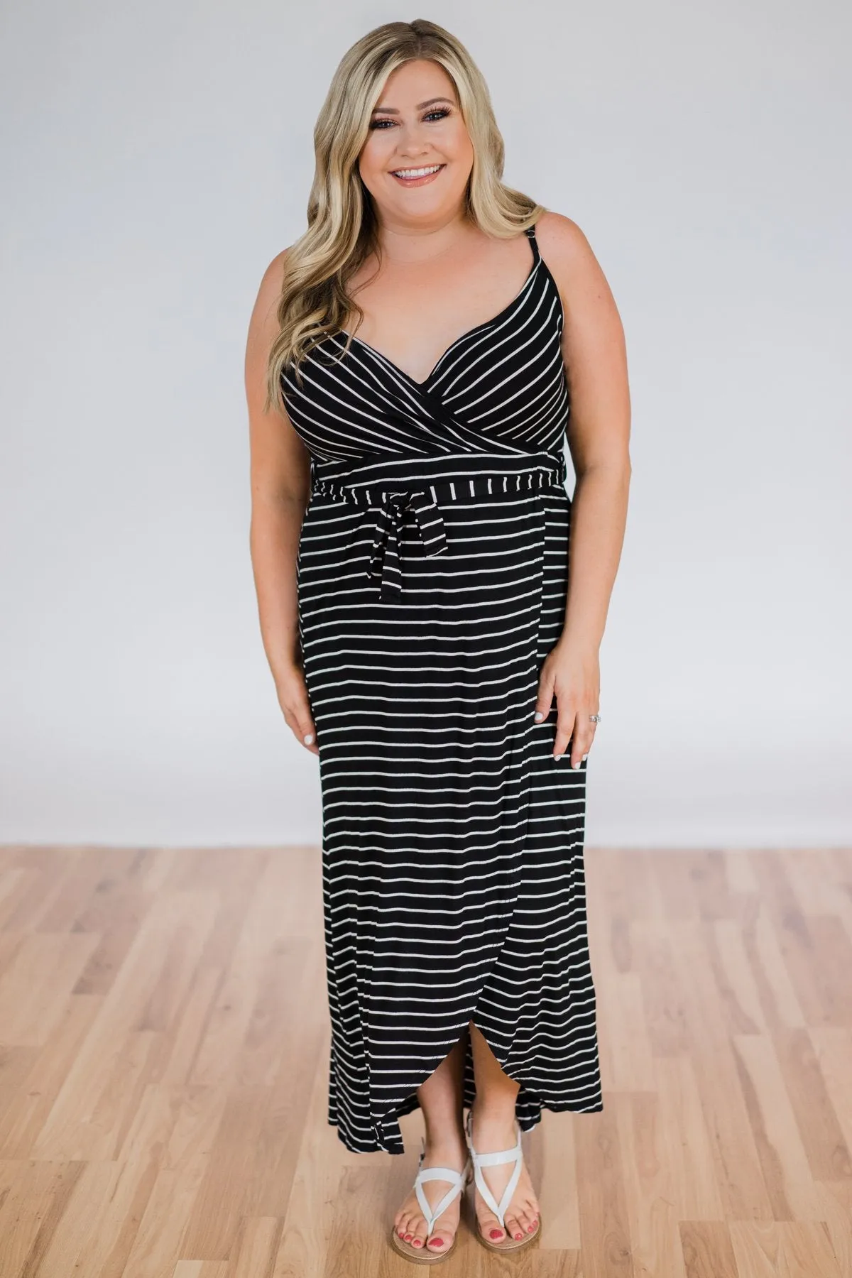 By My Side Striped Hi-Lo Dress- Black