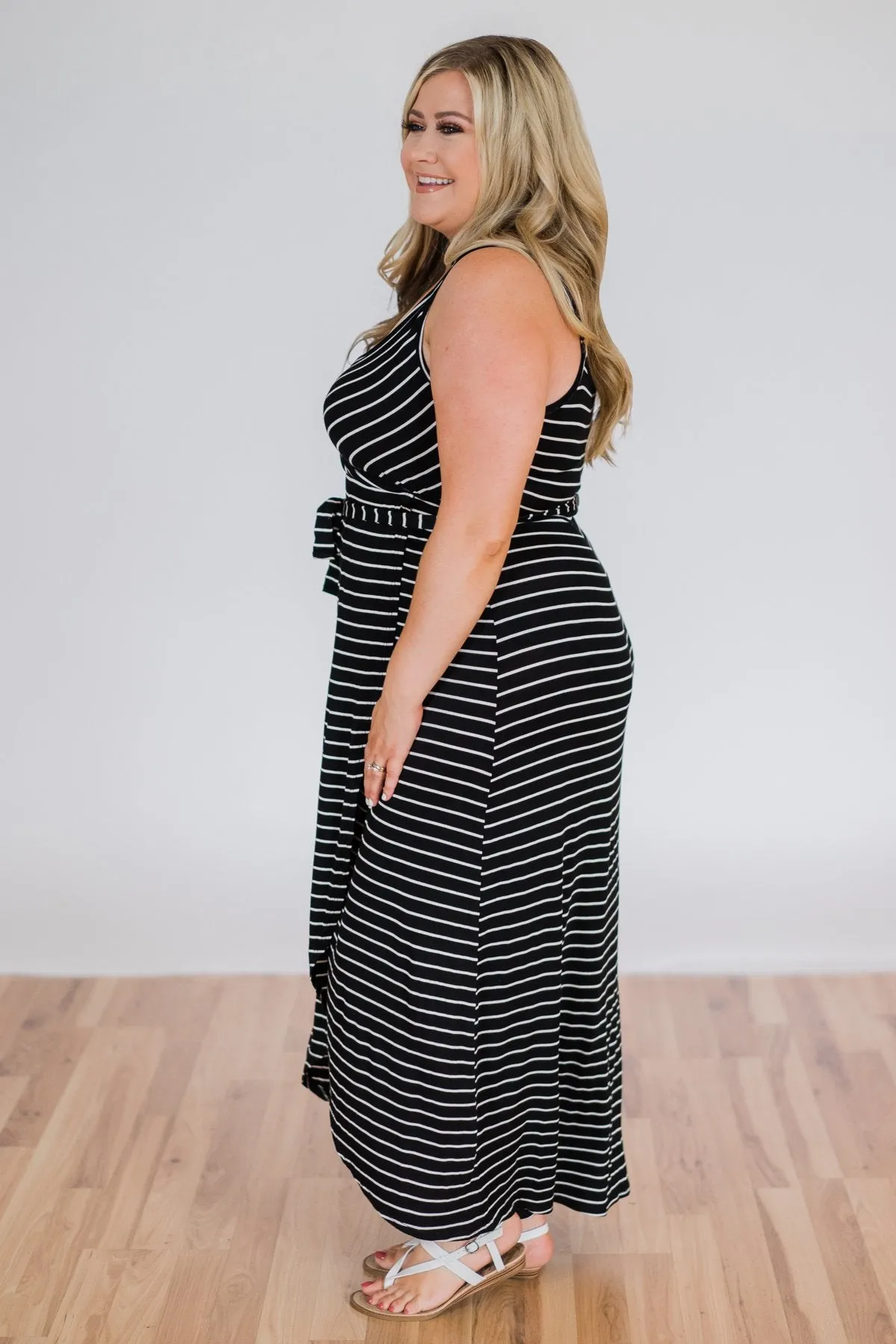 By My Side Striped Hi-Lo Dress- Black